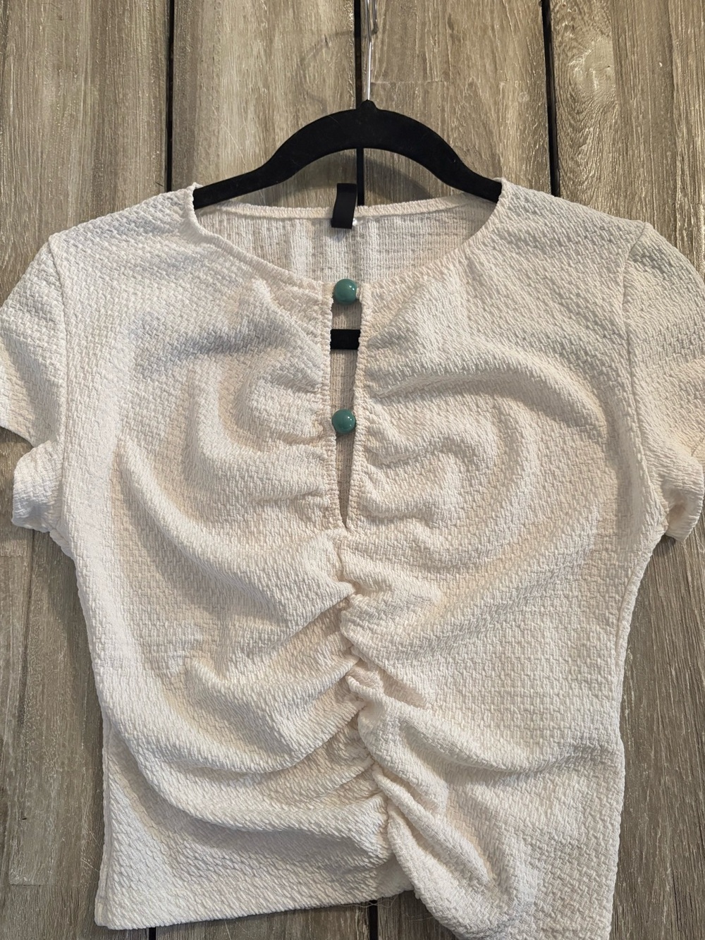 H&M Cream Textured Short Sleeve Ruched Top with Turquoise Buttons